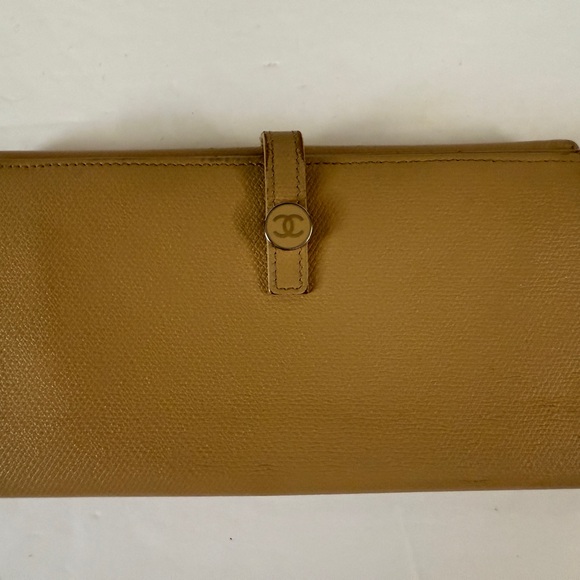 CHANEL Long Wallet Double Sided Snap Button Beige Leather Authentic - Picture 3 of 16